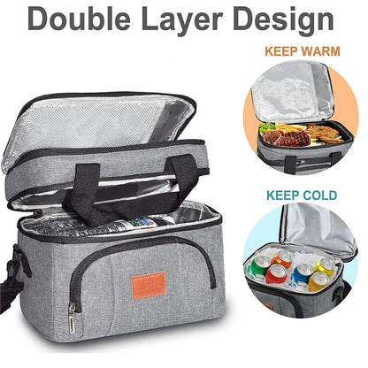 Double Layer Insulated Lunch Bag with Shoulder Strap – Large Capacity Picnic & Travel Tote
